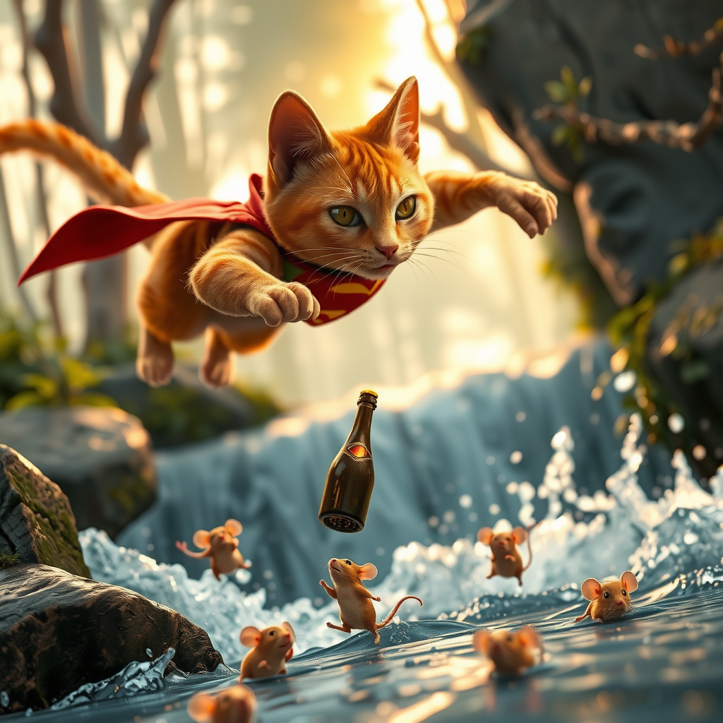A dramatic yet playful semi-realistic cartoon rescue scene: a brave orange tabby cat wearing a classic Superman-style superhero costume with a flowing red cape is flying low over a rushing forest creek on an urgent rescue mission. Below, several tiny mice are struggling in the water during a flood, desperately clinging to floating wine bottles, small branches, and debris while squeaking for help. The superhero cat reaches down heroically to save them, with an intense but heartwarming expression. The scene combines realistic textures and lighting with stylized cartoon character design — expressive faces, slightly exaggerated features, Pixar/DreamWorks-style realism. Dynamic splashing water, cinematic motion, detailed fur, glowing sunset light through the trees, emotional storytelling, action-packed composition, ultra-detailed environment, high-quality CGI animated movie look, realistic creek and water physics, whimsical but believable atmosphere, 8K cinematic render