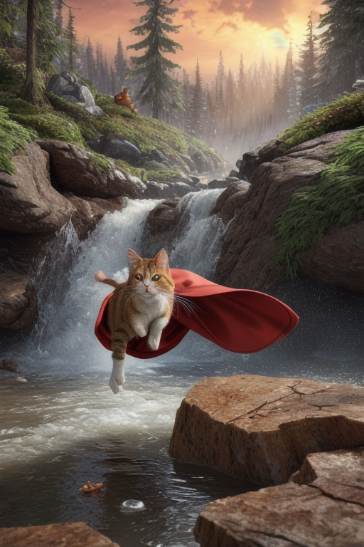 A dramatic yet playful semi-realistic cartoon rescue scene: a brave orange tabby cat wearing a classic Superman-style superhero costume with a flowing red cape is flying low over a rushing forest creek on an urgent rescue mission. Below, several tiny mice are struggling in the water during a flood, desperately clinging to floating wine bottles, small branches, and debris while squeaking for help. The superhero cat reaches down heroically to save them, with an intense but heartwarming expression. The scene combines realistic textures and lighting with stylized cartoon character design — expressive faces, slightly exaggerated features, Pixar/DreamWorks-style realism. Dynamic splashing water, cinematic motion, detailed fur, glowing sunset light through the trees, emotional storytelling, action-packed composition, ultra-detailed environment, high-quality CGI animated movie look, realistic creek and water physics, whimsical but believable atmosphere, 8K cinematic render