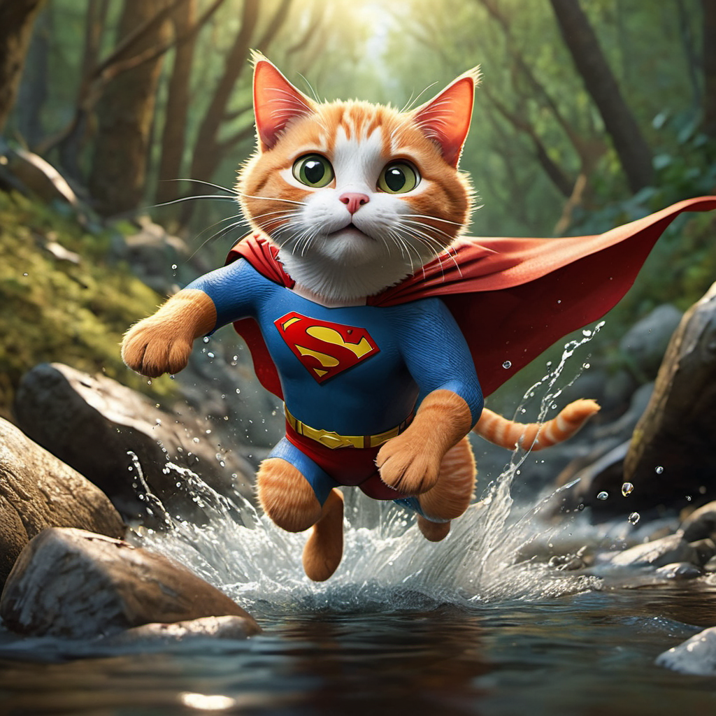 A dramatic yet playful semi-realistic cartoon rescue scene: a brave orange tabby cat wearing a classic Superman-style superhero costume with a flowing red cape is flying low over a rushing forest creek on an urgent rescue mission. Below, several tiny mice are struggling in the water during a flood, desperately clinging to floating wine bottles, small branches, and debris while squeaking for help. The superhero cat reaches down heroically to save them, with an intense but heartwarming expression. The scene combines realistic textures and lighting with stylized cartoon character design — expressive faces, slightly exaggerated features, Pixar/DreamWorks-style realism. Dynamic splashing water, cinematic motion, detailed fur, glowing sunset light through the trees, emotional storytelling, action-packed composition, ultra-detailed environment, high-quality CGI animated movie look, realistic creek and water physics, whimsical but believable atmosphere, 8K cinematic render