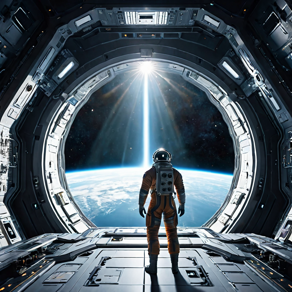 Interior of a futuristic space station, lone astronaut gazing at Earth, volumetric god rays, cinematic concept art, highly detailed