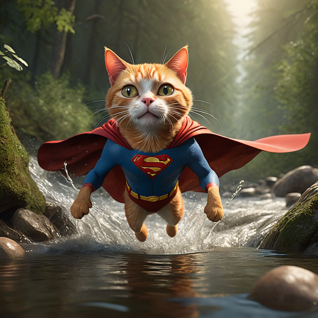 A dramatic yet playful semi-realistic cartoon rescue scene: a brave orange tabby cat wearing a classic Superman-style superhero costume with a flowing red cape is flying low over a rushing forest creek on an urgent rescue mission. Below, several tiny mice are struggling in the water during a flood, desperately clinging to floating wine bottles, small branches, and debris while squeaking for help. The superhero cat reaches down heroically to save them, with an intense but heartwarming expression. The scene combines realistic textures and lighting with stylized cartoon character design — expressive faces, slightly exaggerated features, Pixar/DreamWorks-style realism. Dynamic splashing water, cinematic motion, detailed fur, glowing sunset light through the trees, emotional storytelling, action-packed composition, ultra-detailed environment, high-quality CGI animated movie look, realistic creek and water physics, whimsical but believable atmosphere, 8K cinematic render