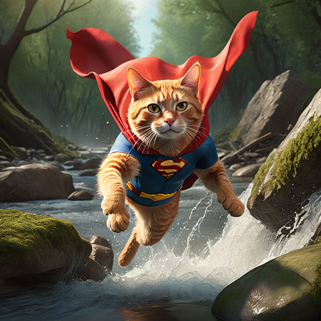 A dramatic yet playful semi-realistic cartoon rescue scene: a brave orange tabby cat wearing a classic Superman-style superhero costume with a flowing red cape is flying low over a rushing forest creek on an urgent rescue mission. Below, several tiny mice are struggling in the water during a flood, desperately clinging to floating wine bottles, small branches, and debris while squeaking for help. The superhero cat reaches down heroically to save them, with an intense but heartwarming expression. The scene combines realistic textures and lighting with stylized cartoon character design — expressive faces, slightly exaggerated features, Pixar/DreamWorks-style realism. Dynamic splashing water, cinematic motion, detailed fur, glowing sunset light through the trees, emotional storytelling, action-packed composition, ultra-detailed environment, high-quality CGI animated movie look, realistic creek and water physics, whimsical but believable atmosphere, 8K cinematic render
