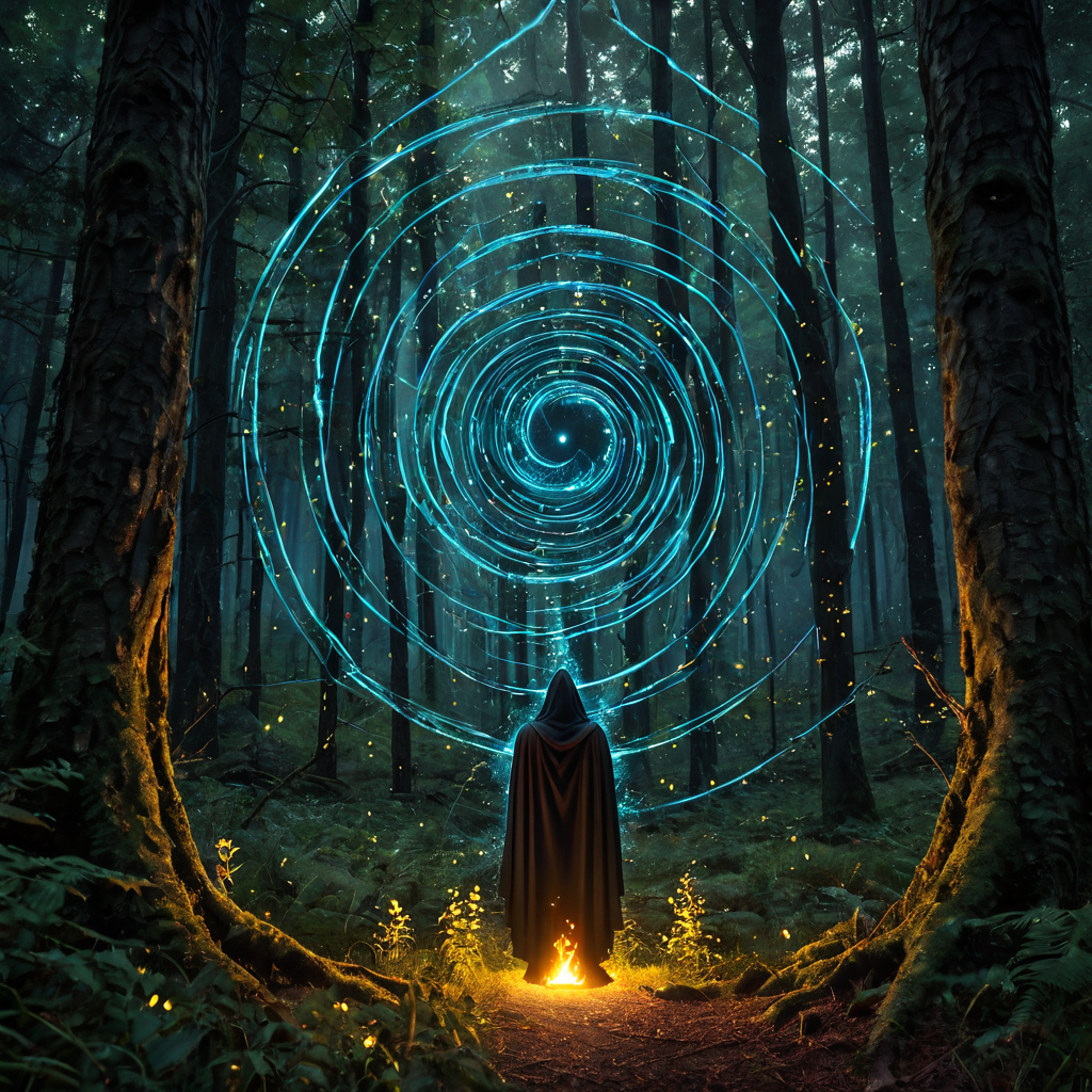 Ancient dark forest clearing with a swirling magical portal, hooded mysterious figure, fireflies, digital art, greg rutkowski