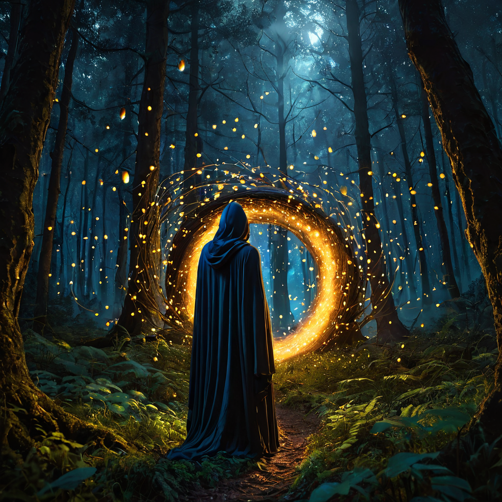 Ancient dark forest clearing with a swirling magical portal, hooded mysterious figure, fireflies, digital art, greg rutkowski