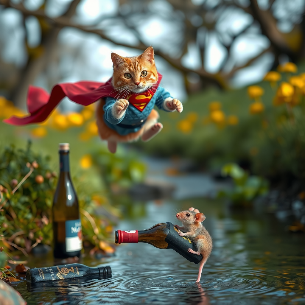 cat in superman costume, flying over a creek, trying saving mouse drowning in a creek, mouse hold on to wine bottles, ecpi, realistic