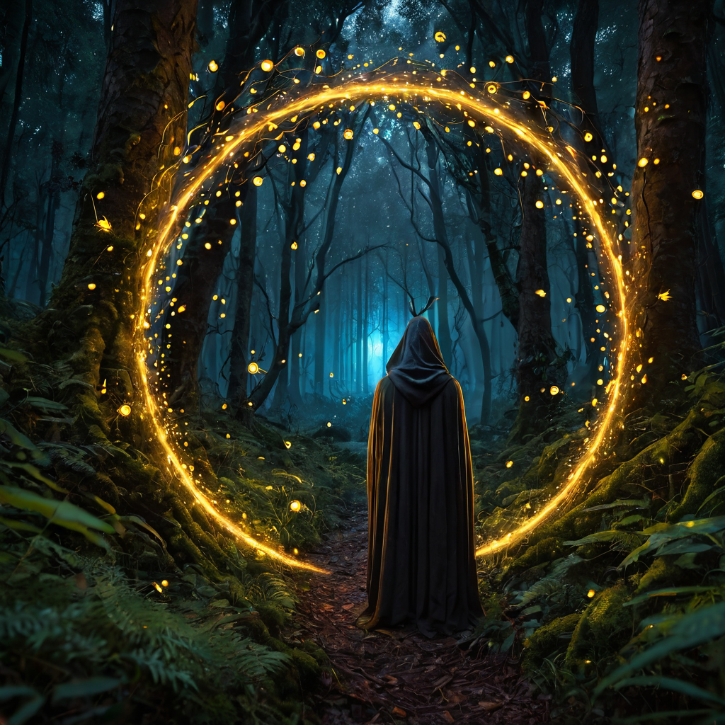 Ancient dark forest clearing with a swirling magical portal, hooded mysterious figure, fireflies, digital art, greg rutkowski