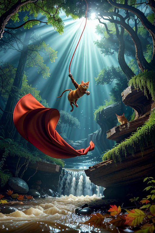 A dramatic yet playful semi-realistic cartoon rescue scene: a brave orange tabby cat wearing a classic Superman-style superhero costume with a flowing red cape is flying low over a rushing forest creek on an urgent rescue mission. Below, several tiny mice are struggling in the water during a flood, desperately clinging to floating wine bottles, small branches, and debris while squeaking for help. The superhero cat reaches down heroically to save them, with an intense but heartwarming expression. The scene combines realistic textures and lighting with stylized cartoon character design — expressive faces, slightly exaggerated features, Pixar/DreamWorks-style realism. Dynamic splashing water, cinematic motion, detailed fur, glowing sunset light through the trees, emotional storytelling, action-packed composition, ultra-detailed environment, high-quality CGI animated movie look, realistic creek and water physics, whimsical but believable atmosphere, 8K cinematic render