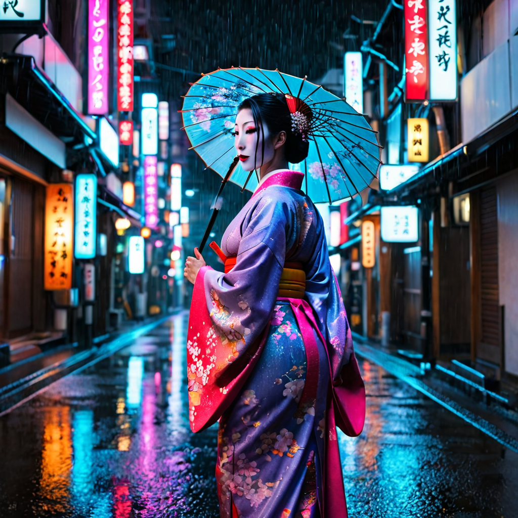 Futuristic neon-lit Tokyo alley, geisha with holographic kimono, rain, reflections, cinematic photography, 8K