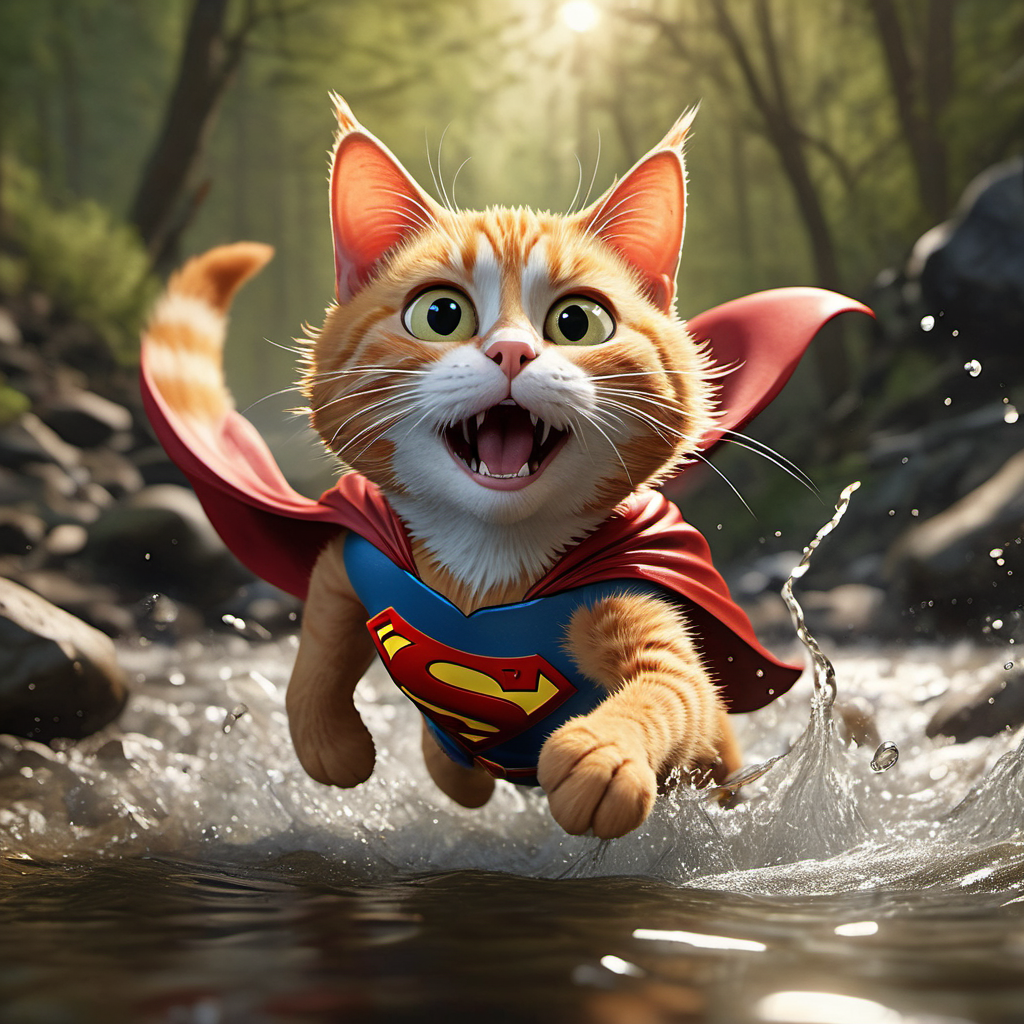 A dramatic yet playful semi-realistic cartoon rescue scene: a brave orange tabby cat wearing a classic Superman-style superhero costume with a flowing red cape is flying low over a rushing forest creek on an urgent rescue mission. Below, several tiny mice are struggling in the water during a flood, desperately clinging to floating wine bottles, small branches, and debris while squeaking for help. The superhero cat reaches down heroically to save them, with an intense but heartwarming expression. The scene combines realistic textures and lighting with stylized cartoon character design — expressive faces, slightly exaggerated features, Pixar/DreamWorks-style realism. Dynamic splashing water, cinematic motion, detailed fur, glowing sunset light through the trees, emotional storytelling, action-packed composition, ultra-detailed environment, high-quality CGI animated movie look, realistic creek and water physics, whimsical but believable atmosphere, 8K cinematic render