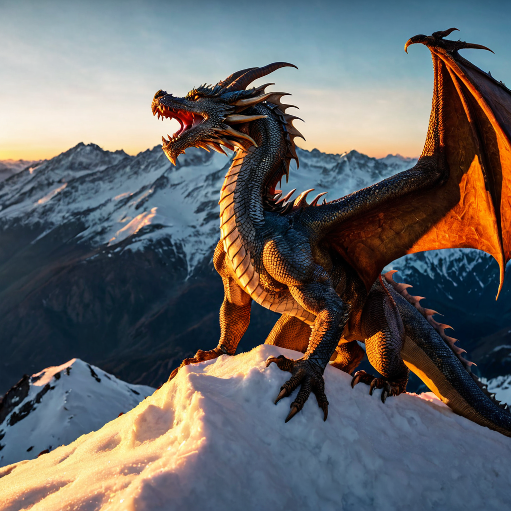 A majestic dragon perched on a snow-capped mountain peak at golden hour, scales gleaming, epic fantasy, cinematic lighting, 8K ultra detailed