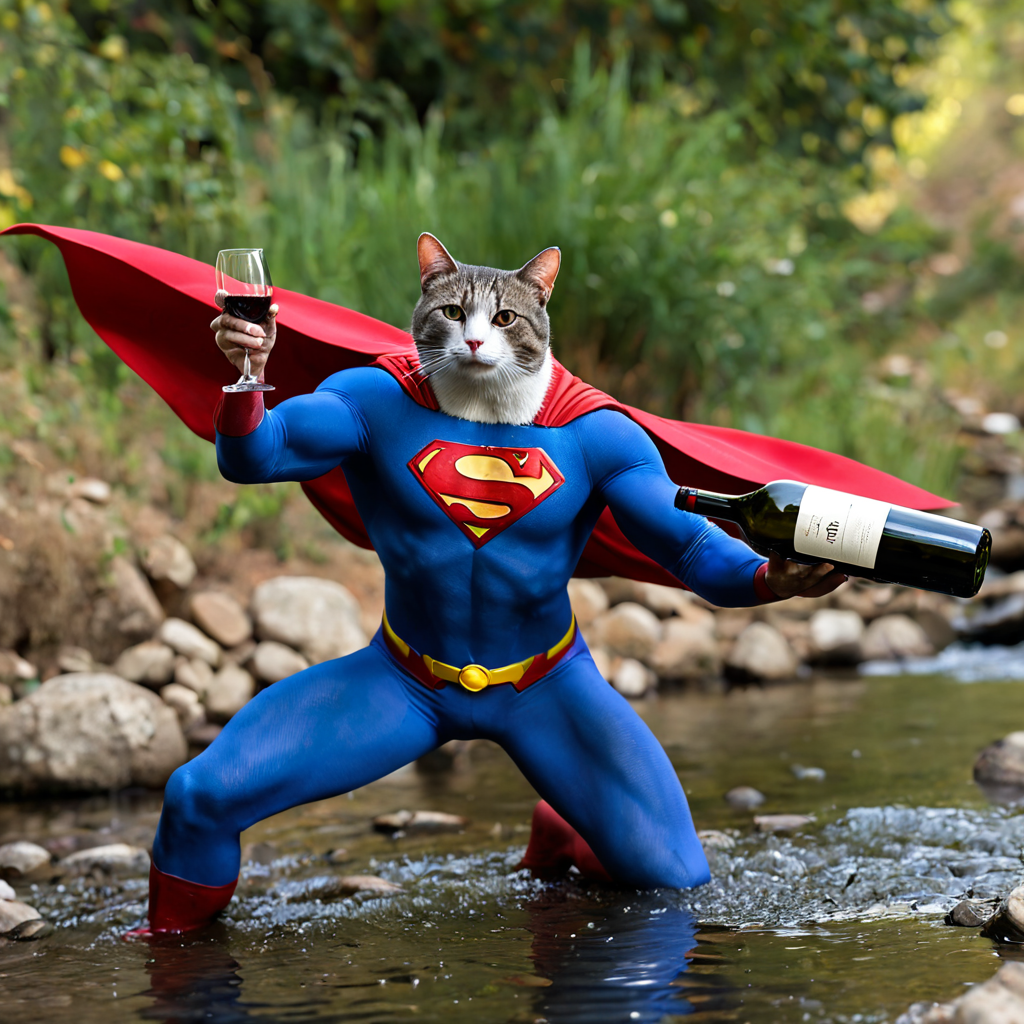cat in superman costume, flying over a creek, trying saving mouse drowning in a creek, mouse hold on to wine bottles, ecpi, realistic