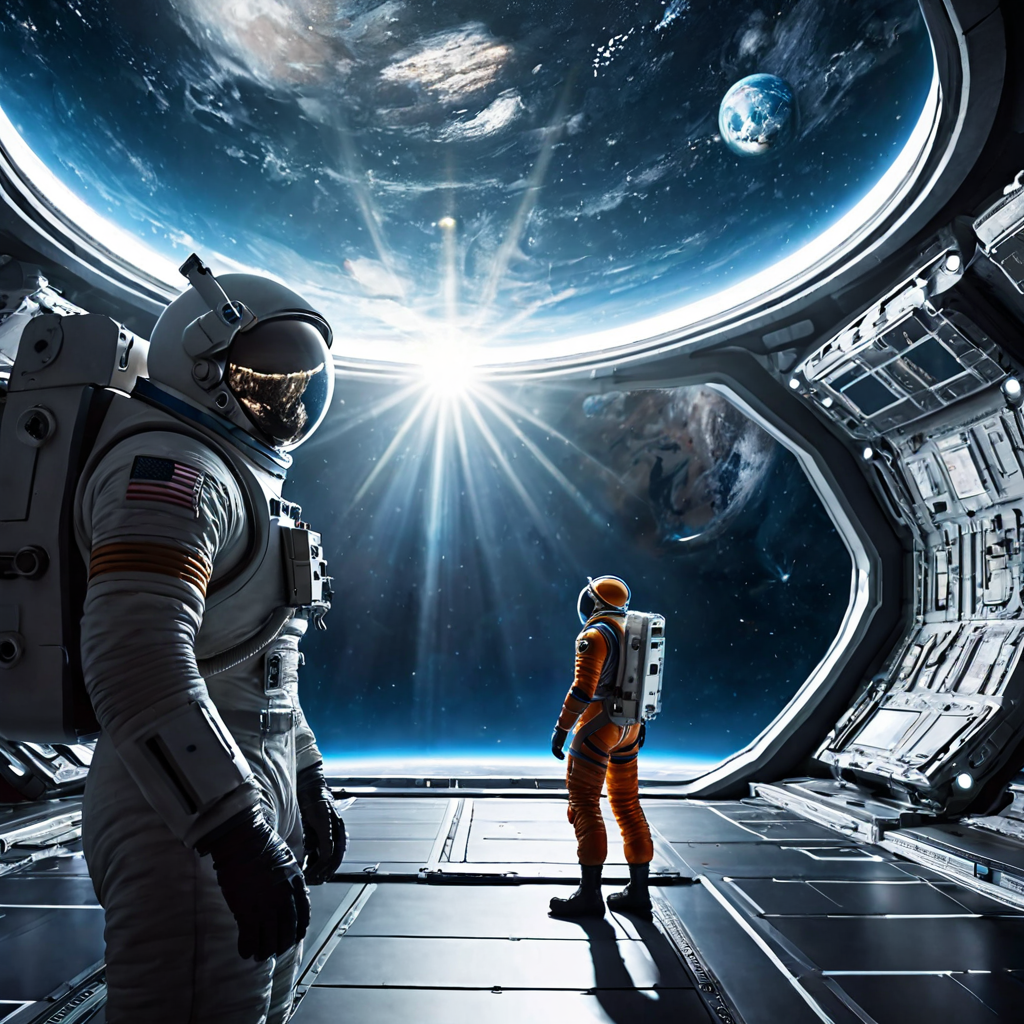 Interior of a futuristic space station, lone astronaut gazing at Earth, volumetric god rays, cinematic concept art, highly detailed