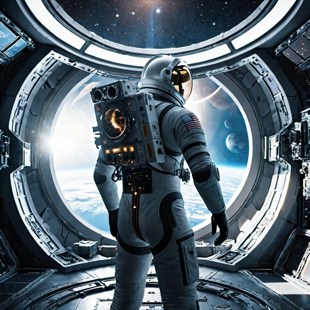 Interior of a futuristic space station, lone astronaut gazing at Earth, volumetric god rays, cinematic concept art, highly detailed