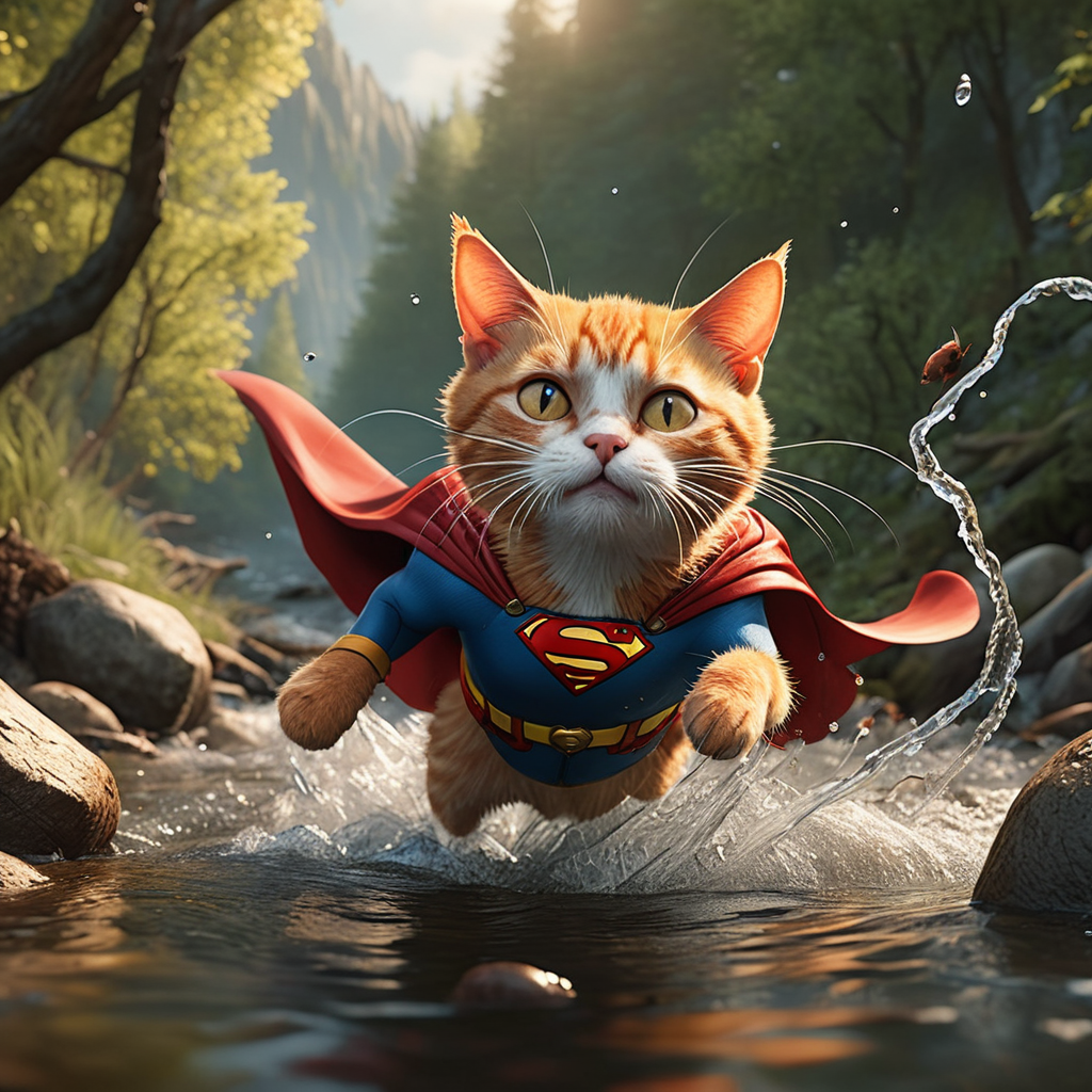 A dramatic yet playful semi-realistic cartoon rescue scene: a brave orange tabby cat wearing a classic Superman-style superhero costume with a flowing red cape is flying low over a rushing forest creek on an urgent rescue mission. Below, several tiny mice are struggling in the water during a flood, desperately clinging to floating wine bottles, small branches, and debris while squeaking for help. The superhero cat reaches down heroically to save them, with an intense but heartwarming expression. The scene combines realistic textures and lighting with stylized cartoon character design — expressive faces, slightly exaggerated features, Pixar/DreamWorks-style realism. Dynamic splashing water, cinematic motion, detailed fur, glowing sunset light through the trees, emotional storytelling, action-packed composition, ultra-detailed environment, high-quality CGI animated movie look, realistic creek and water physics, whimsical but believable atmosphere, 8K cinematic render