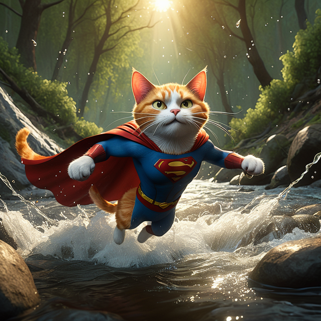 A dramatic yet playful semi-realistic cartoon rescue scene: a brave orange tabby cat wearing a classic Superman-style superhero costume with a flowing red cape is flying low over a rushing forest creek on an urgent rescue mission. Below, several tiny mice are struggling in the water during a flood, desperately clinging to floating wine bottles, small branches, and debris while squeaking for help. The superhero cat reaches down heroically to save them, with an intense but heartwarming expression. The scene combines realistic textures and lighting with stylized cartoon character design — expressive faces, slightly exaggerated features, Pixar/DreamWorks-style realism. Dynamic splashing water, cinematic motion, detailed fur, glowing sunset light through the trees, emotional storytelling, action-packed composition, ultra-detailed environment, high-quality CGI animated movie look, realistic creek and water physics, whimsical but believable atmosphere, 8K cinematic render