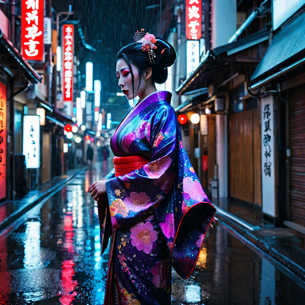 Futuristic neon-lit Tokyo alley, geisha with holographic kimono, rain, reflections, cinematic photography, 8K