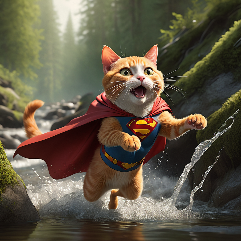 A dramatic yet playful semi-realistic cartoon rescue scene: a brave orange tabby cat wearing a classic Superman-style superhero costume with a flowing red cape is flying low over a rushing forest creek on an urgent rescue mission. Below, several tiny mice are struggling in the water during a flood, desperately clinging to floating wine bottles, small branches, and debris while squeaking for help. The superhero cat reaches down heroically to save them, with an intense but heartwarming expression. The scene combines realistic textures and lighting with stylized cartoon character design — expressive faces, slightly exaggerated features, Pixar/DreamWorks-style realism. Dynamic splashing water, cinematic motion, detailed fur, glowing sunset light through the trees, emotional storytelling, action-packed composition, ultra-detailed environment, high-quality CGI animated movie look, realistic creek and water physics, whimsical but believable atmosphere, 8K cinematic render
