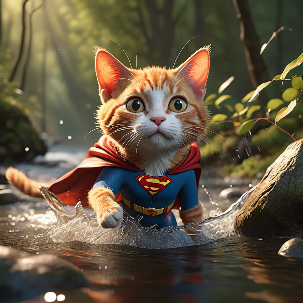 A dramatic yet playful semi-realistic cartoon rescue scene: a brave orange tabby cat wearing a classic Superman-style superhero costume with a flowing red cape is flying low over a rushing forest creek on an urgent rescue mission. Below, several tiny mice are struggling in the water during a flood, desperately clinging to floating wine bottles, small branches, and debris while squeaking for help. The superhero cat reaches down heroically to save them, with an intense but heartwarming expression. The scene combines realistic textures and lighting with stylized cartoon character design — expressive faces, slightly exaggerated features, Pixar/DreamWorks-style realism. Dynamic splashing water, cinematic motion, detailed fur, glowing sunset light through the trees, emotional storytelling, action-packed composition, ultra-detailed environment, high-quality CGI animated movie look, realistic creek and water physics, whimsical but believable atmosphere, 8K cinematic render