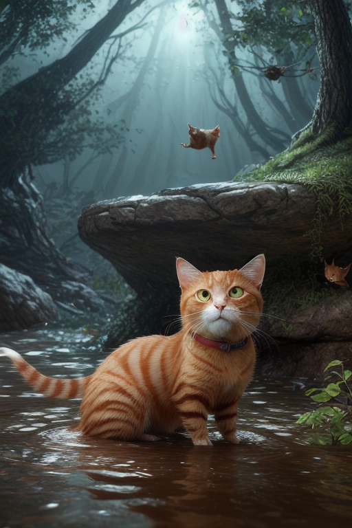 A dramatic yet playful semi-realistic cartoon rescue scene: a brave orange tabby cat wearing a classic Superman-style superhero costume with a flowing red cape is flying low over a rushing forest creek on an urgent rescue mission. Below, several tiny mice are struggling in the water during a flood, desperately clinging to floating wine bottles, small branches, and debris while squeaking for help. The superhero cat reaches down heroically to save them, with an intense but heartwarming expression. The scene combines realistic textures and lighting with stylized cartoon character design — expressive faces, slightly exaggerated features, Pixar/DreamWorks-style realism. Dynamic splashing water, cinematic motion, detailed fur, glowing sunset light through the trees, emotional storytelling, action-packed composition, ultra-detailed environment, high-quality CGI animated movie look, realistic creek and water physics, whimsical but believable atmosphere, 8K cinematic render
