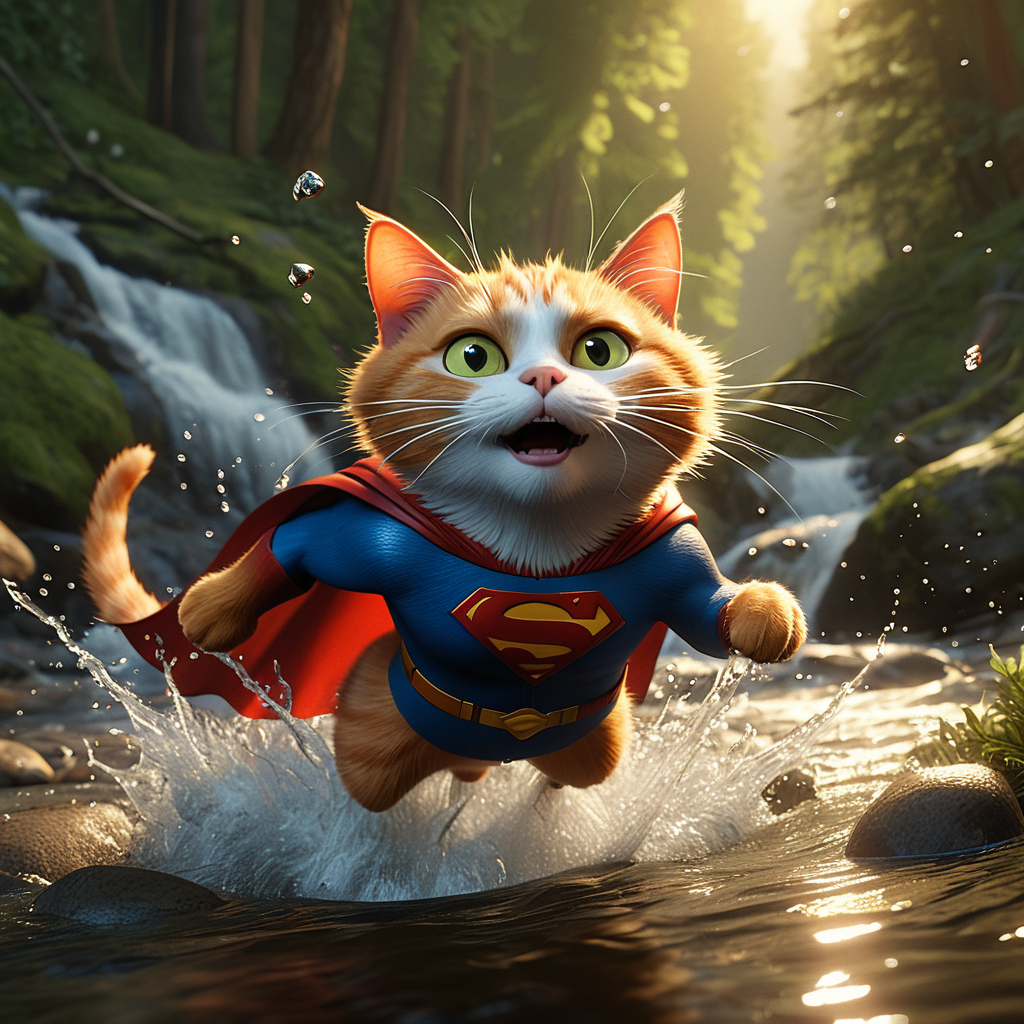 A dramatic yet playful semi-realistic cartoon rescue scene: a brave orange tabby cat wearing a classic Superman-style superhero costume with a flowing red cape is flying low over a rushing forest creek on an urgent rescue mission. Below, several tiny mice are struggling in the water during a flood, desperately clinging to floating wine bottles, small branches, and debris while squeaking for help. The superhero cat reaches down heroically to save them, with an intense but heartwarming expression. The scene combines realistic textures and lighting with stylized cartoon character design — expressive faces, slightly exaggerated features, Pixar/DreamWorks-style realism. Dynamic splashing water, cinematic motion, detailed fur, glowing sunset light through the trees, emotional storytelling, action-packed composition, ultra-detailed environment, high-quality CGI animated movie look, realistic creek and water physics, whimsical but believable atmosphere, 8K cinematic render