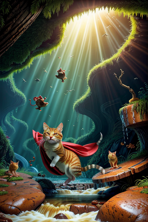 A dramatic yet playful semi-realistic cartoon rescue scene: a brave orange tabby cat wearing a classic Superman-style superhero costume with a flowing red cape is flying low over a rushing forest creek on an urgent rescue mission. Below, several tiny mice are struggling in the water during a flood, desperately clinging to floating wine bottles, small branches, and debris while squeaking for help. The superhero cat reaches down heroically to save them, with an intense but heartwarming expression. The scene combines realistic textures and lighting with stylized cartoon character design — expressive faces, slightly exaggerated features, Pixar/DreamWorks-style realism. Dynamic splashing water, cinematic motion, detailed fur, glowing sunset light through the trees, emotional storytelling, action-packed composition, ultra-detailed environment, high-quality CGI animated movie look, realistic creek and water physics, whimsical but believable atmosphere, 8K cinematic render
